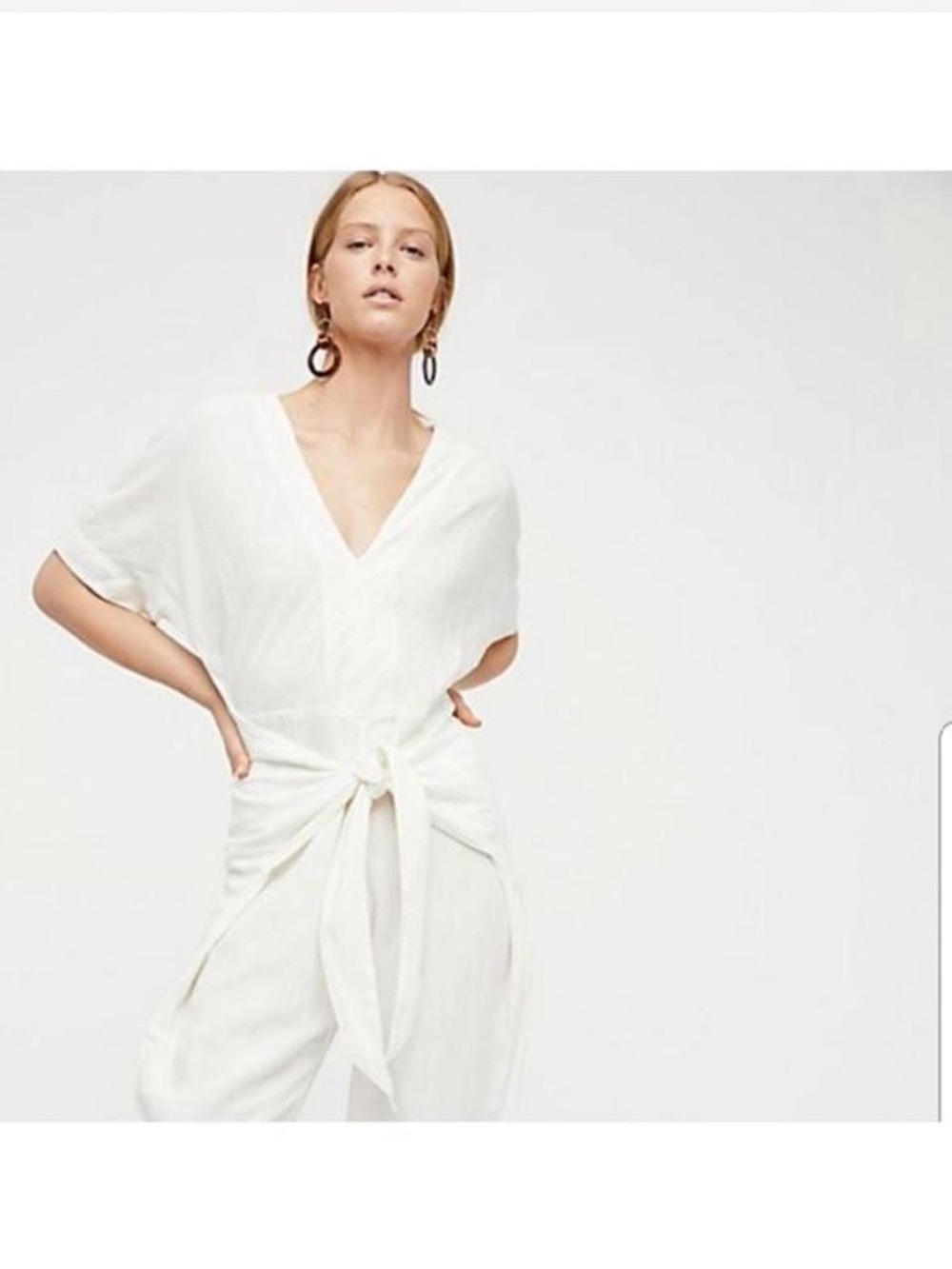 Free People White Shining Sun Linen Front Tie Jumpsuit Size M